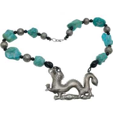 Vintage Chinese Dragon Turquoise Chunky Necklace