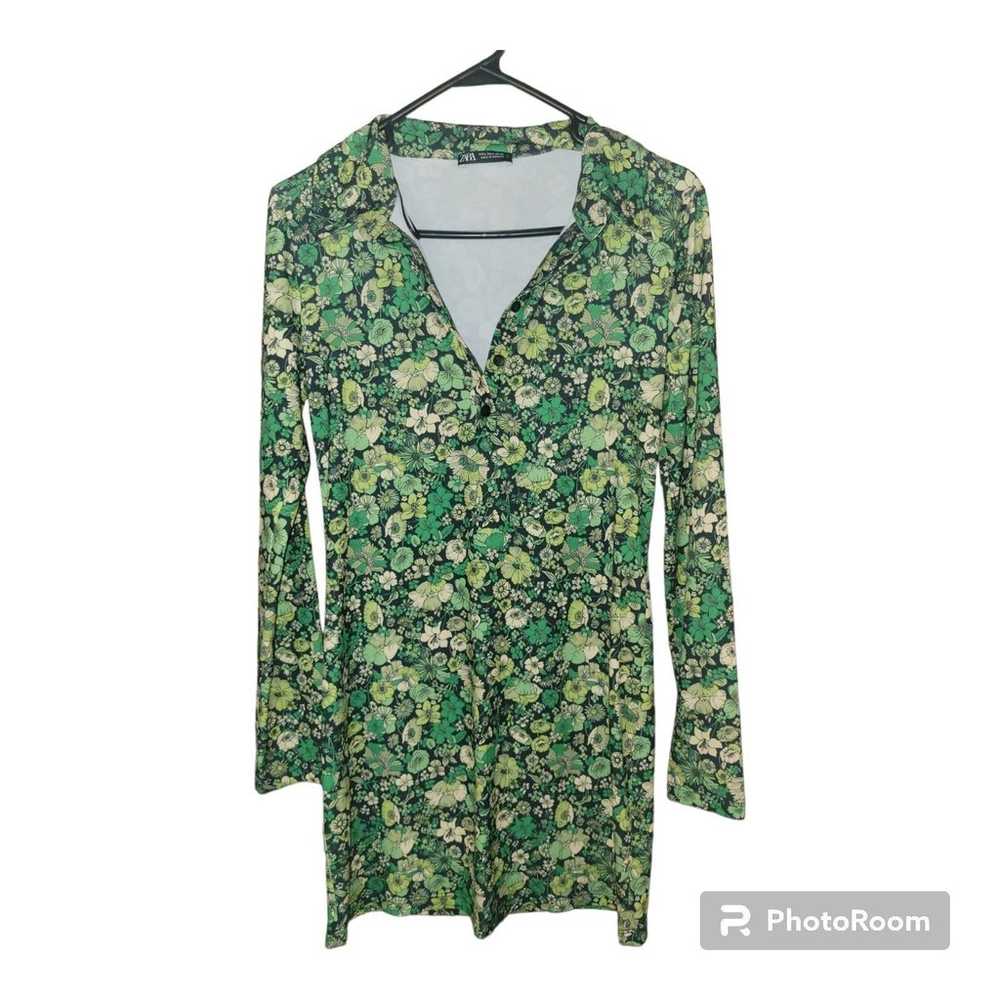 Zara green mini dress Bright Floral Collared Size… - image 3