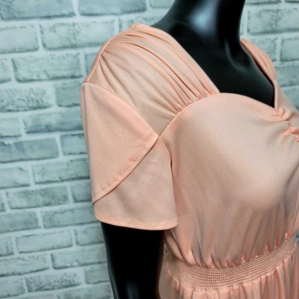 Vintage 70s Peach Orange Short Sleeve Smocked Wai… - image 3