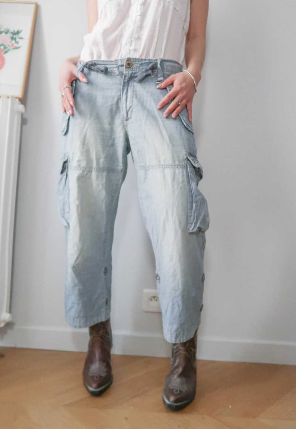 vintage y2k light blue cropped denim cargo pants - image 1