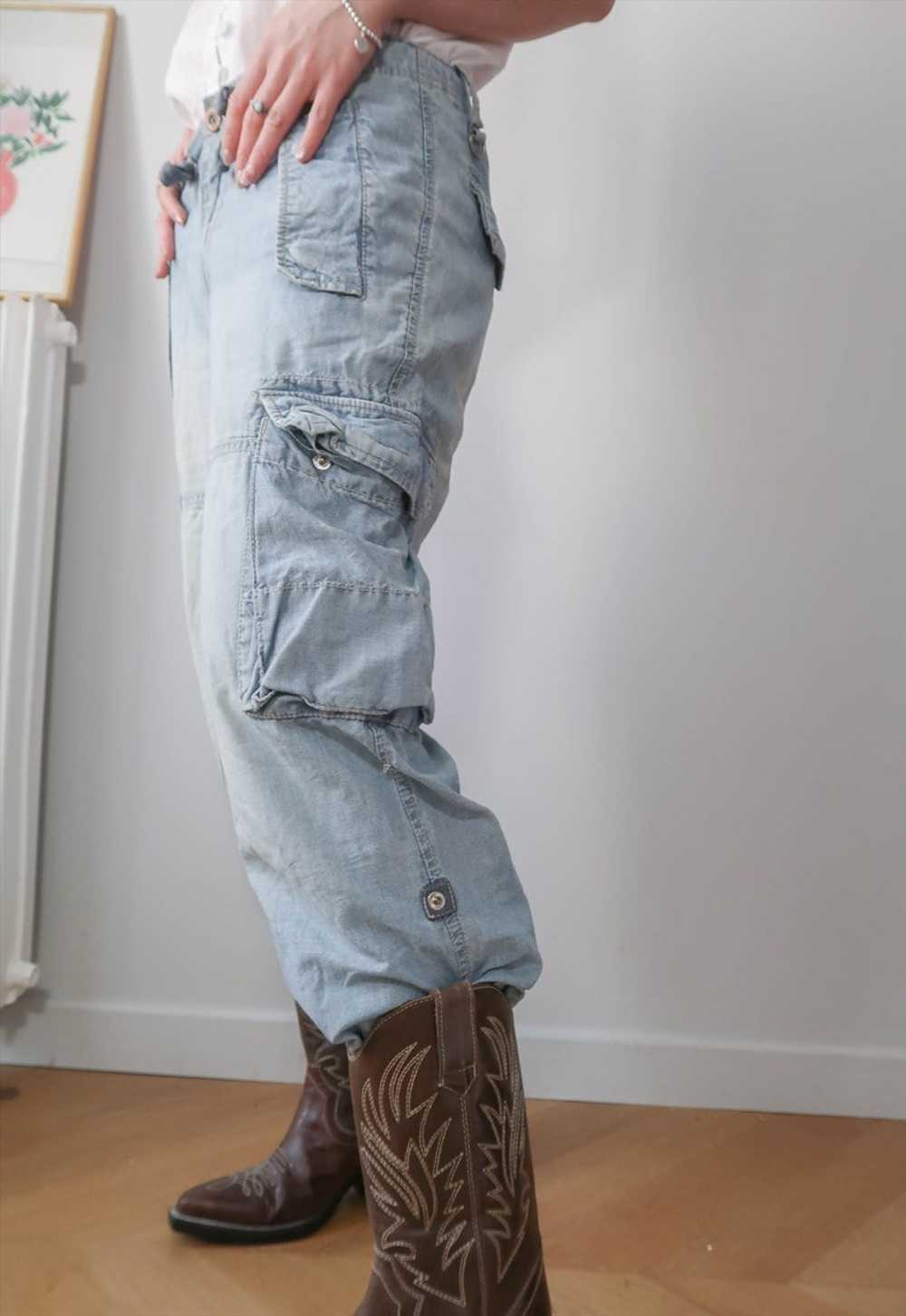 vintage y2k light blue cropped denim cargo pants - image 4