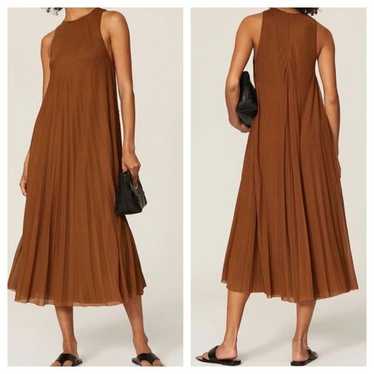 VINCE. Brown High Neck Pleated Dress