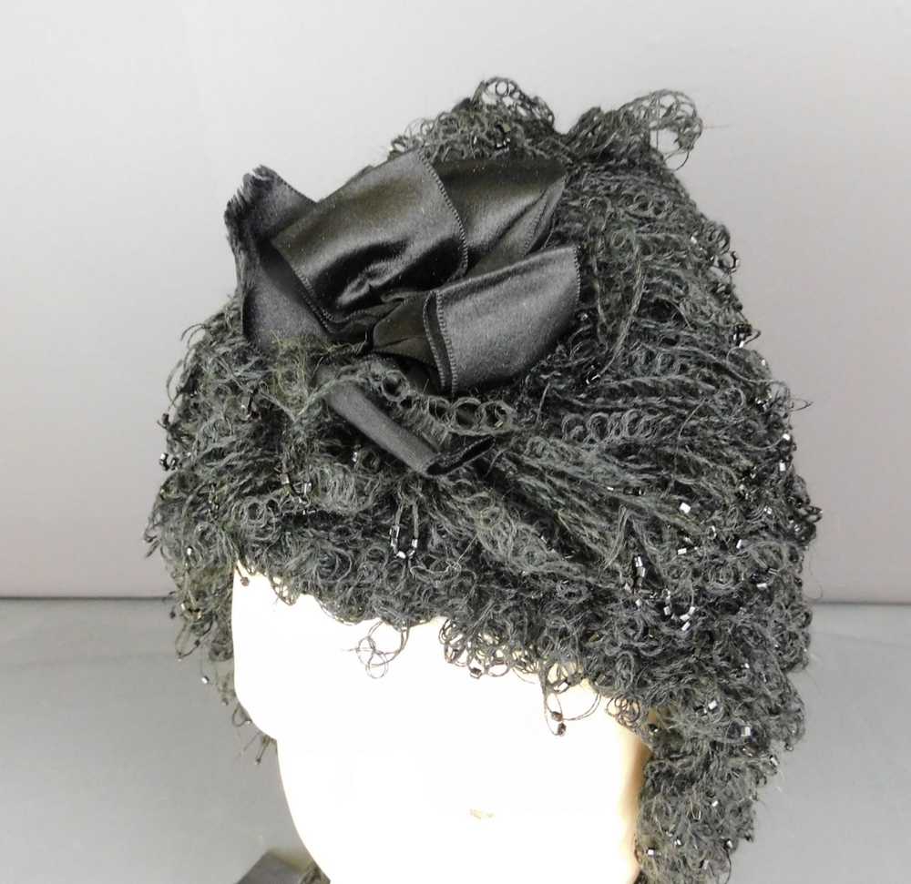 Antique Victorian Black Knit Winter Bonnet Very F… - image 11