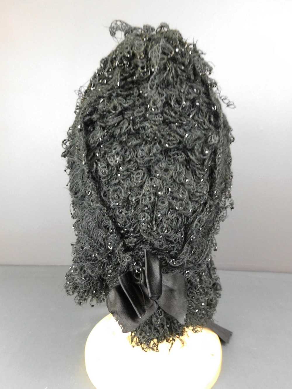 Antique Victorian Black Knit Winter Bonnet Very F… - image 12