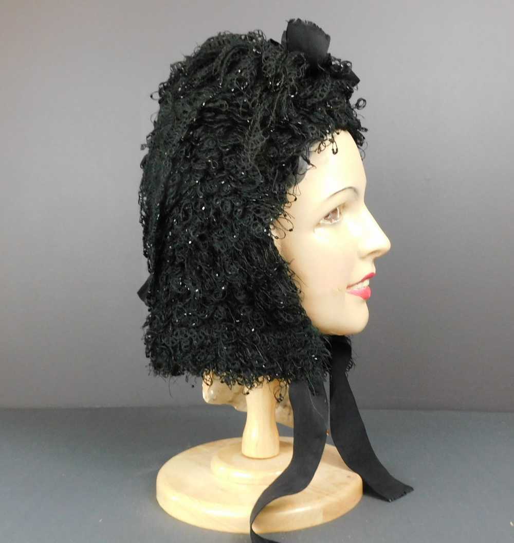 Antique Victorian Black Knit Winter Bonnet Very F… - image 3