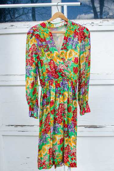 1980s Bright Floral Silk Faux Wrap Dress / XSmall… - image 1