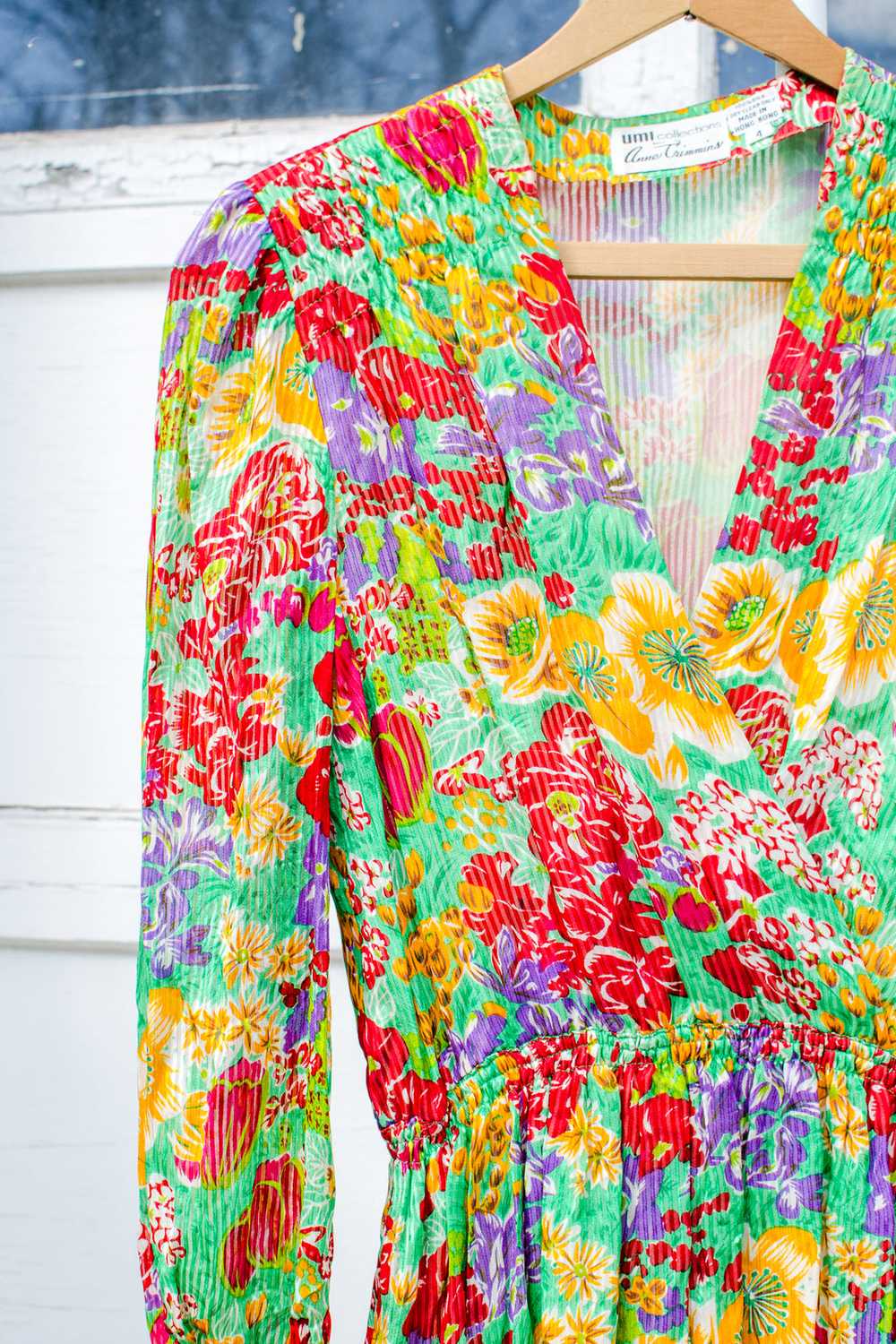 1980s Bright Floral Silk Faux Wrap Dress / XSmall… - image 2