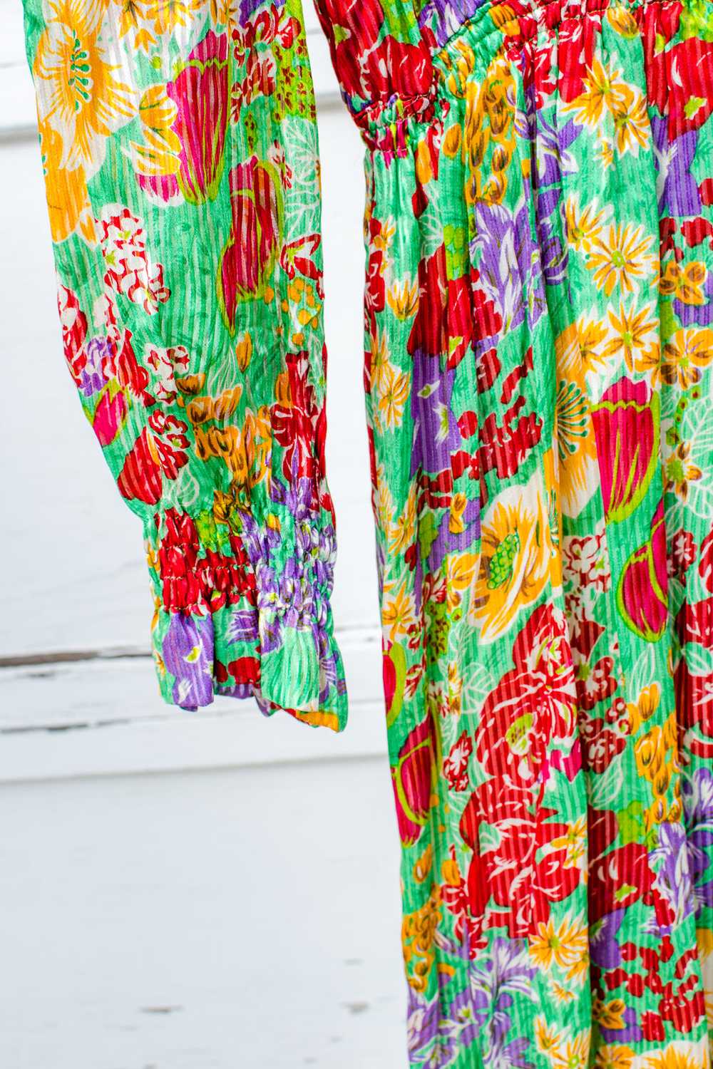 1980s Bright Floral Silk Faux Wrap Dress / XSmall… - image 3