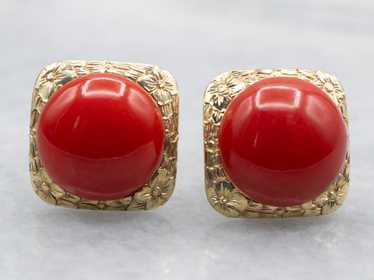 Yellow Gold Round Cut Coral Cabochon Stud Earrings - image 1