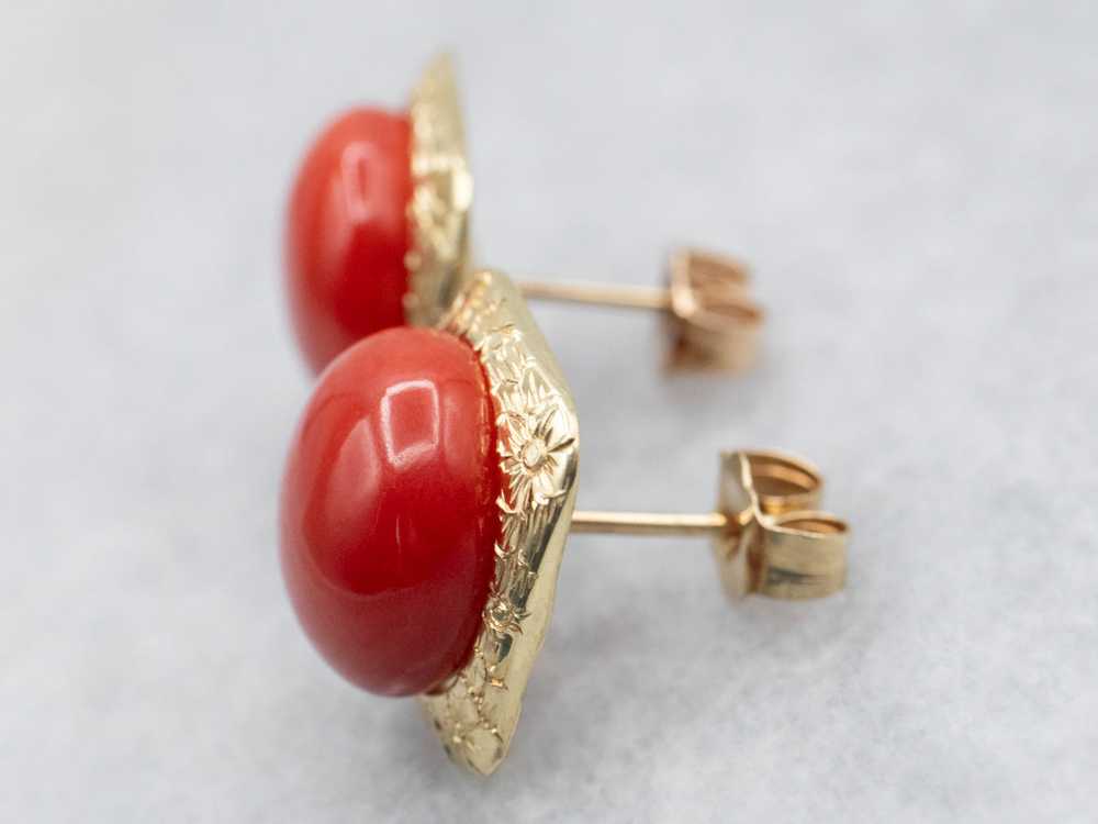 Yellow Gold Round Cut Coral Cabochon Stud Earrings - image 2