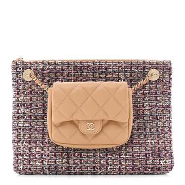 CHANEL Tweed Lambskin Quilted Pouch Beige Multico… - image 1