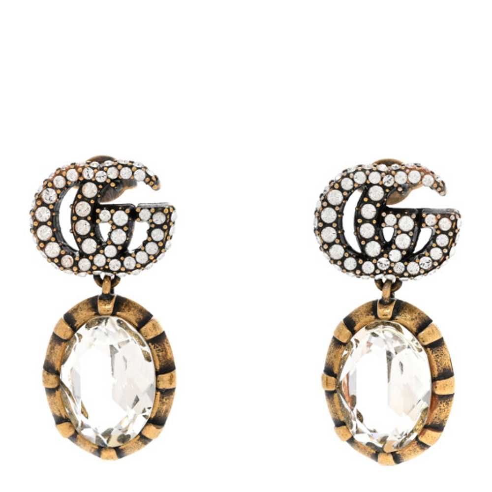 GUCCI Metal Crystal Double G Drop Earrings Aged G… - image 1
