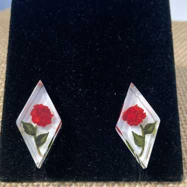 Reverse Carved Lucite Red Rose Earrings - image 1