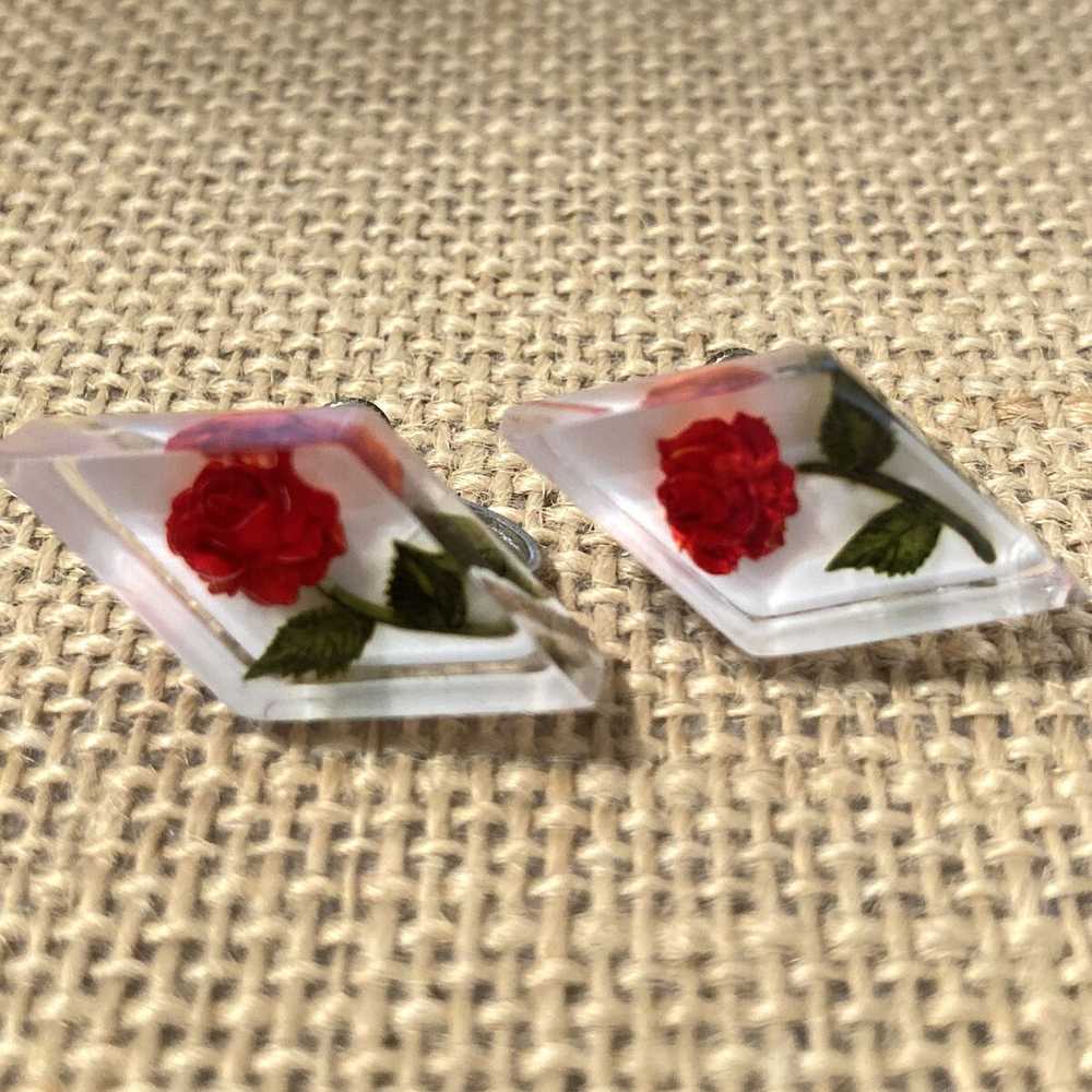 Reverse Carved Lucite Red Rose Earrings - image 2