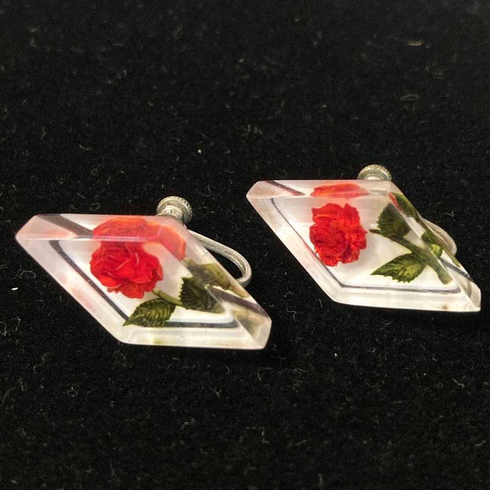 Reverse Carved Lucite Red Rose Earrings - image 3