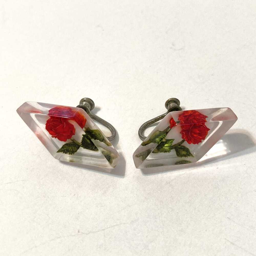 Reverse Carved Lucite Red Rose Earrings - image 4
