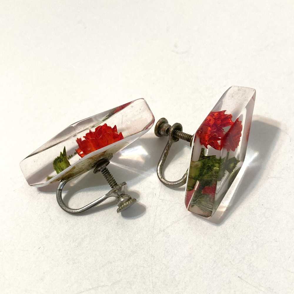 Reverse Carved Lucite Red Rose Earrings - image 5