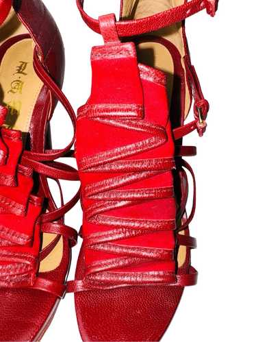 LAMB Rhett Strappy Cagey Red Leather Suede Ruffle 