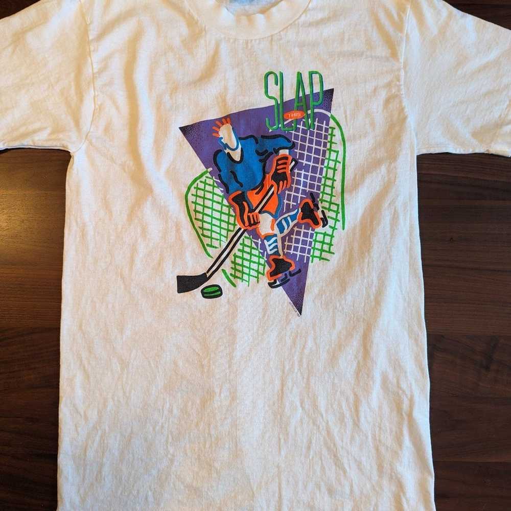 Vintage 1992 Slap This T-shirt Neon Hockey Graphi… - image 1