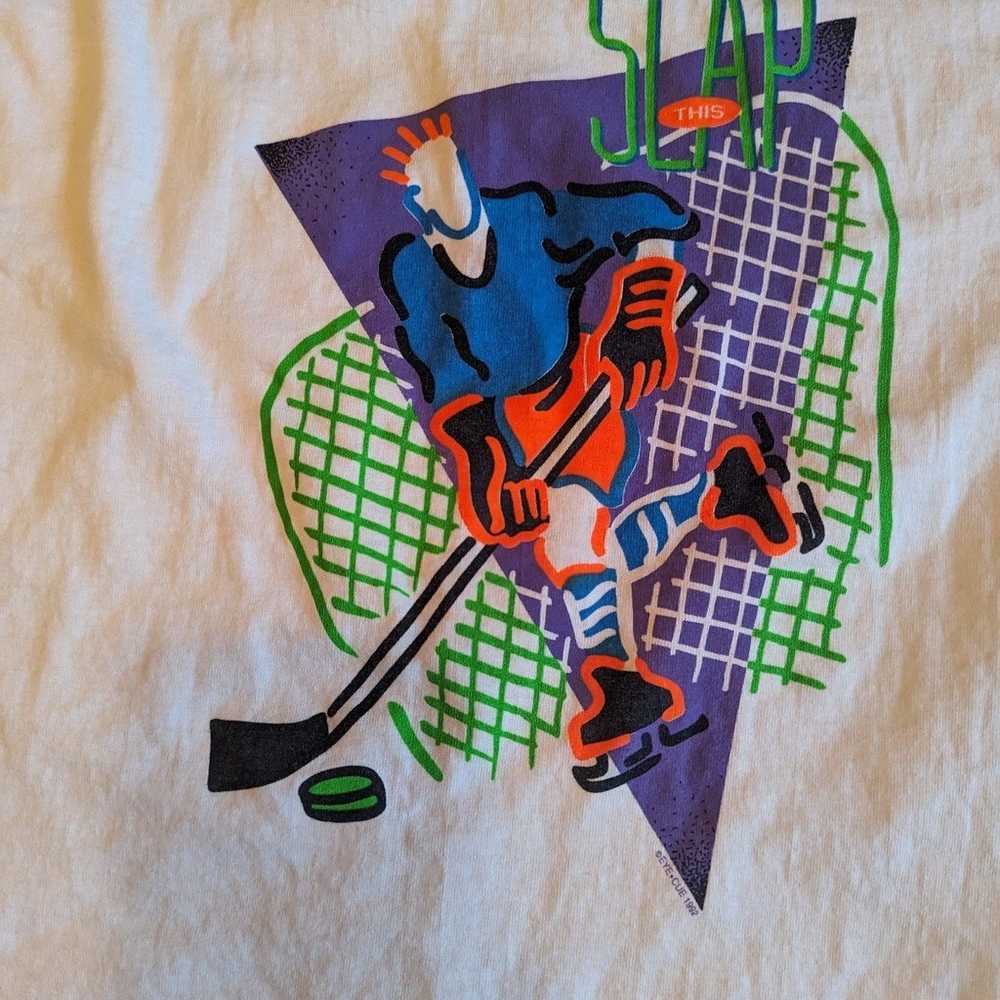 Vintage 1992 Slap This T-shirt Neon Hockey Graphi… - image 2