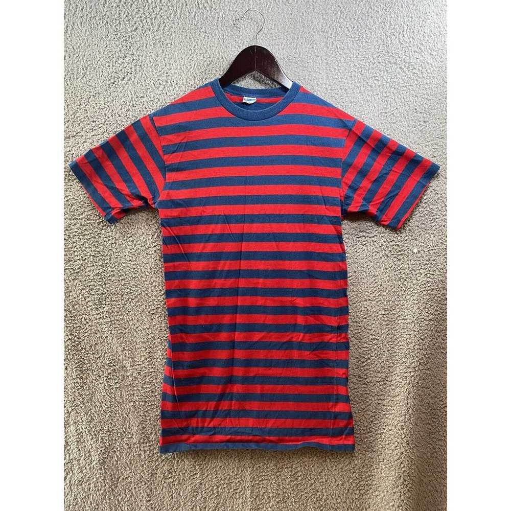 1970s Vtg Champion T Shirt Large Red Blue Striped… - image 1
