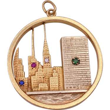 HUGE Jeweled New York Skyline Pendant Charm 14K Tw