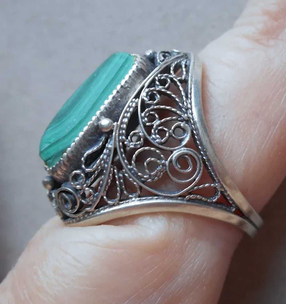 Russian 875 Silver Filigree Ring Vintage Malachit… - image 10