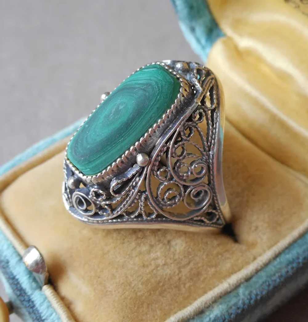 Russian 875 Silver Filigree Ring Vintage Malachit… - image 2