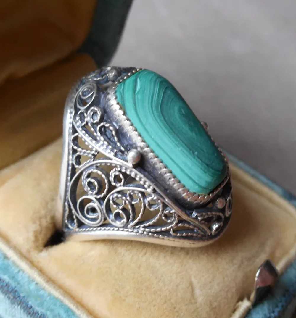 Russian 875 Silver Filigree Ring Vintage Malachit… - image 3