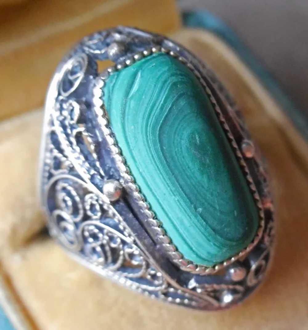 Russian 875 Silver Filigree Ring Vintage Malachit… - image 4