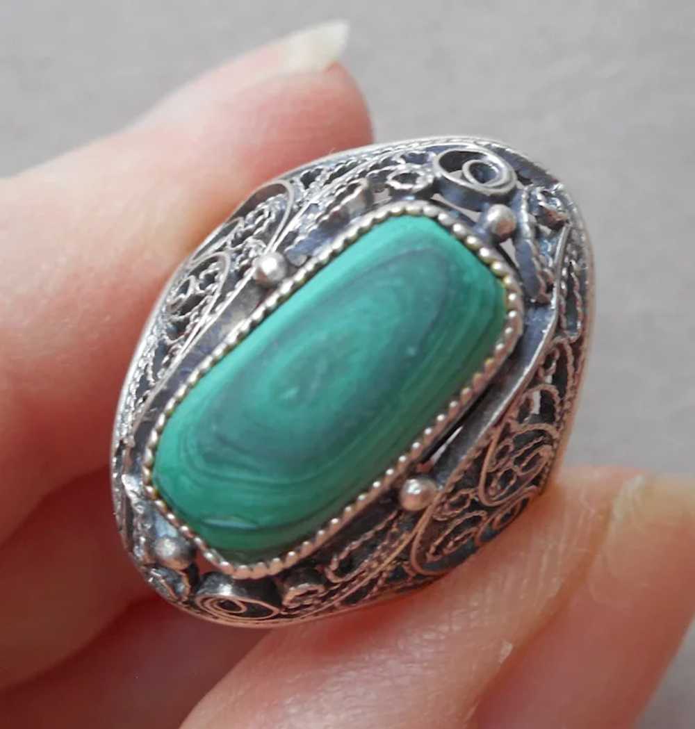 Russian 875 Silver Filigree Ring Vintage Malachit… - image 9