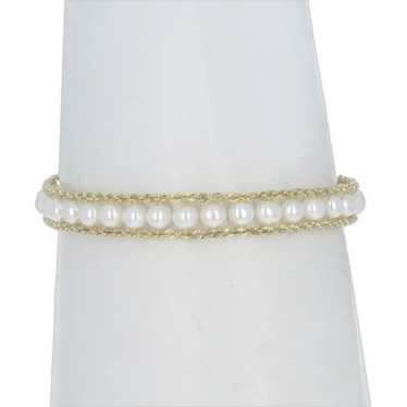 Yellow Gold Cultured Pearl Link Bracelet 7 1/4" -… - image 1