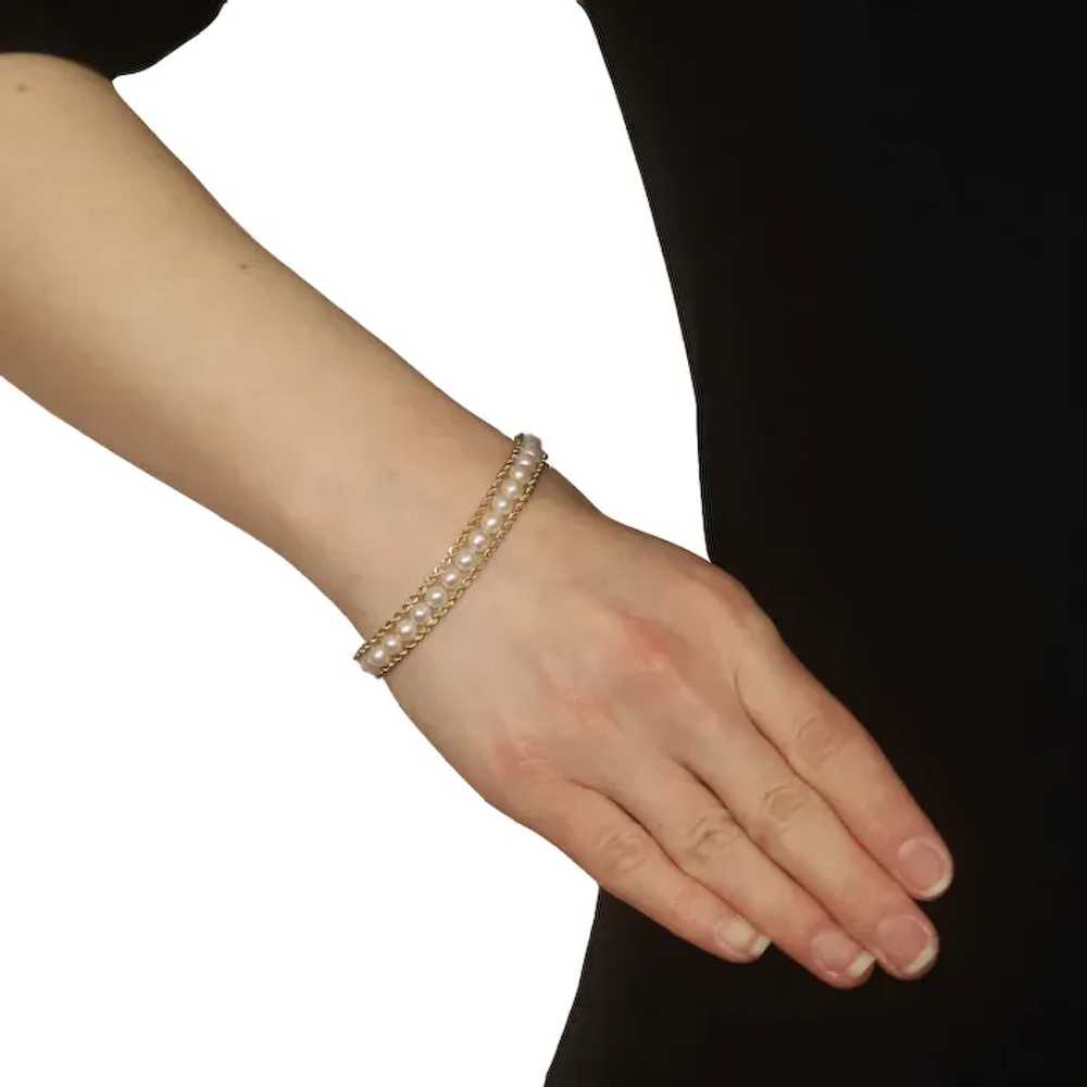 Yellow Gold Cultured Pearl Link Bracelet 7 1/4" -… - image 2