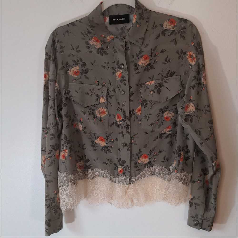 The Kooples Silk Floral Button Down Lace Hem Blou… - image 2