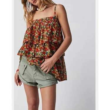 Free People Tunic Top Talia Green Floral Spaghett… - image 1