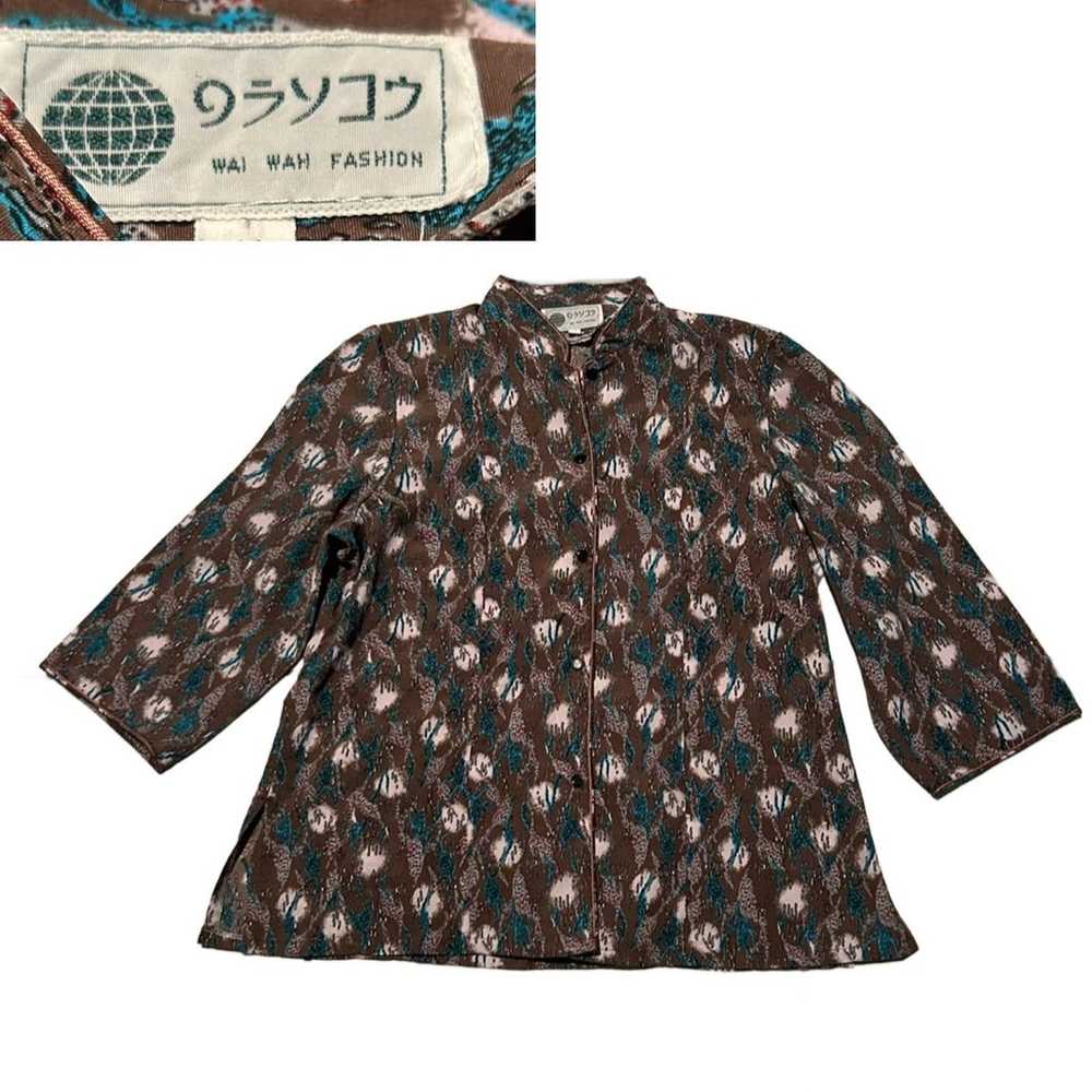1970s Abstract Asian Button Up Kimono Shirt Manda… - image 1