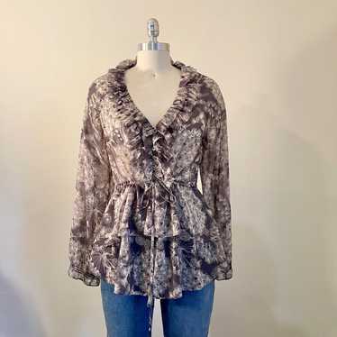 Rebecca Taylor Grey Floral Ruffle Blouse