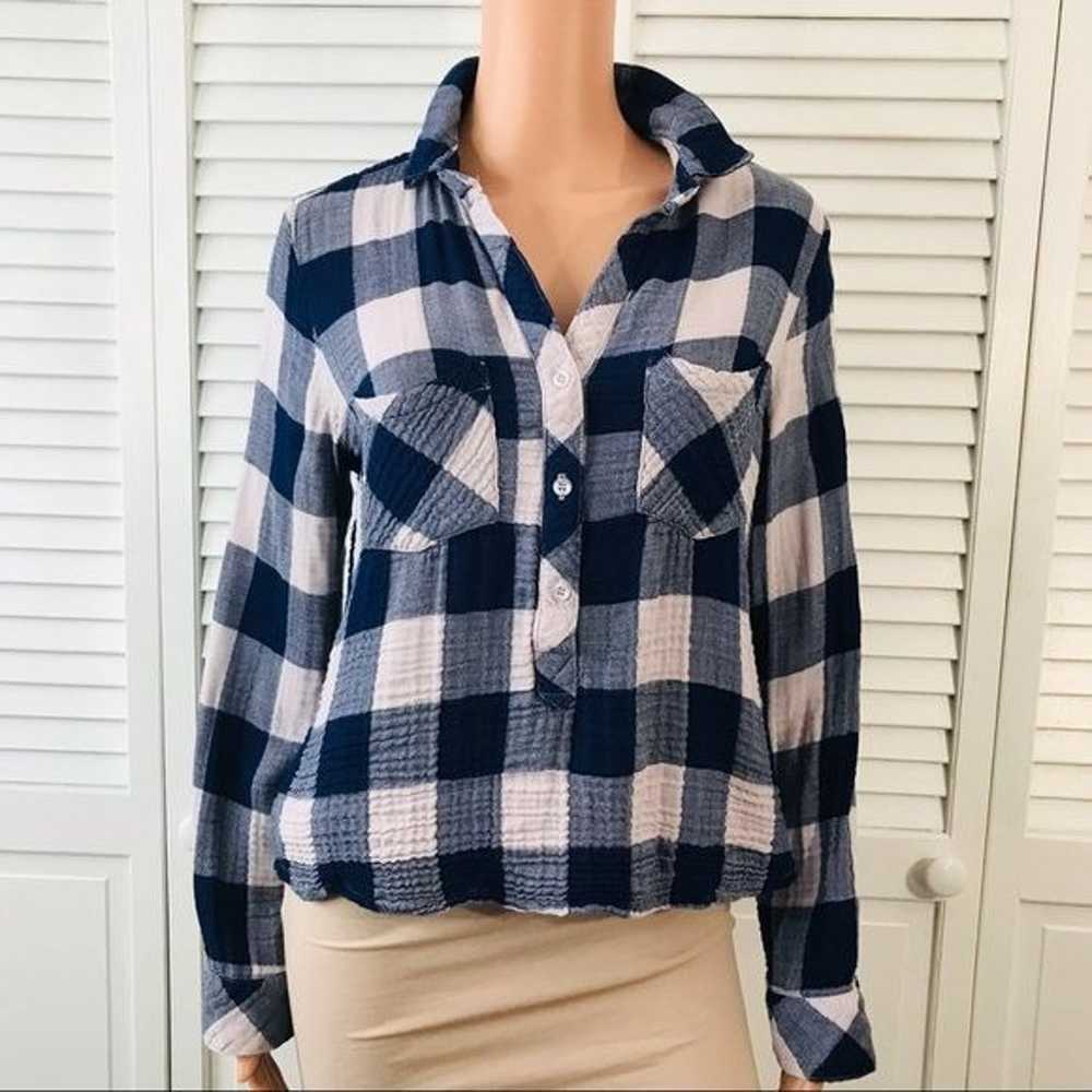 BELLA DAHL Blue White Plaid V-Neck Button Down Sh… - image 1