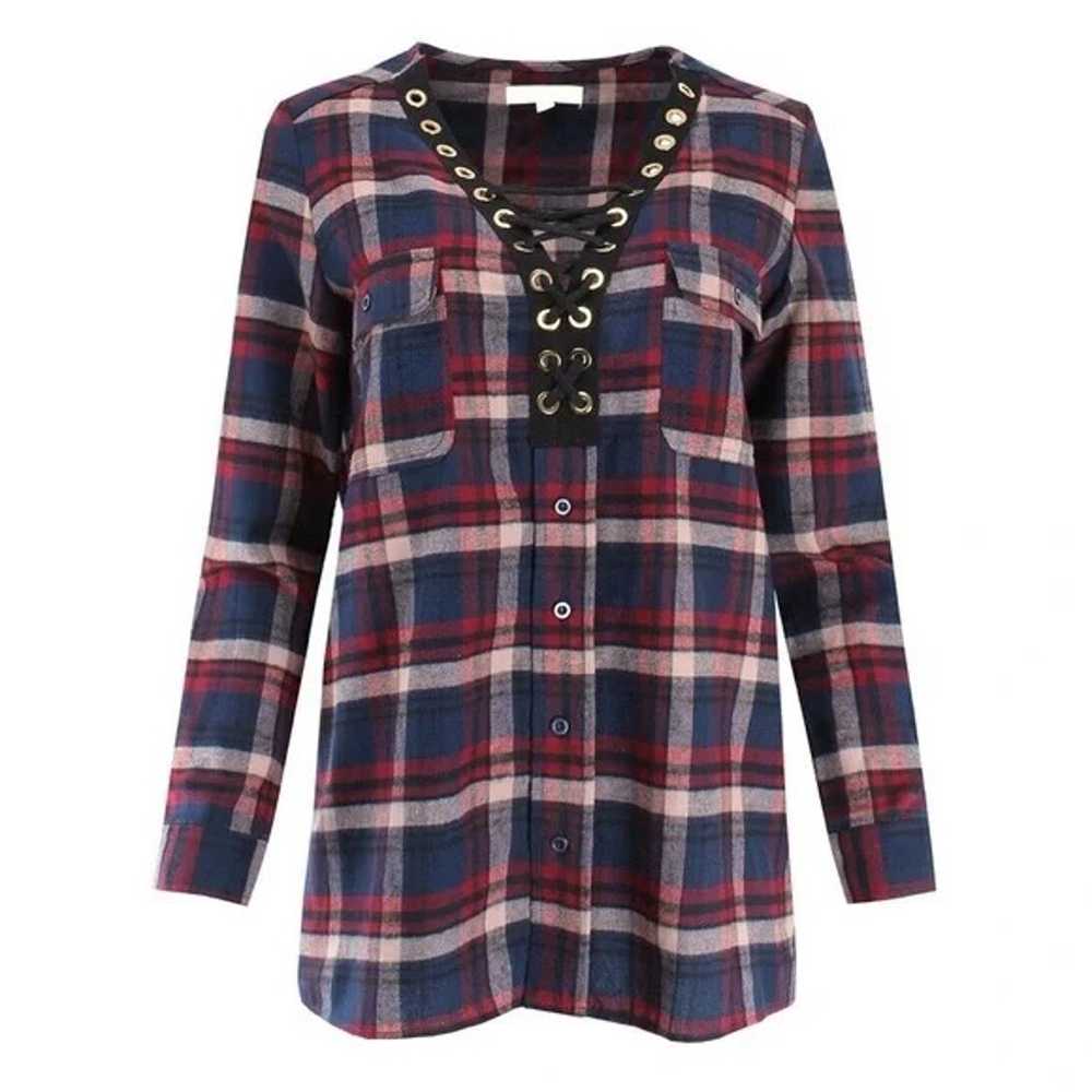 MOD Boutique Plaid Long Sleeve V-Neck Lace Up Fro… - image 3