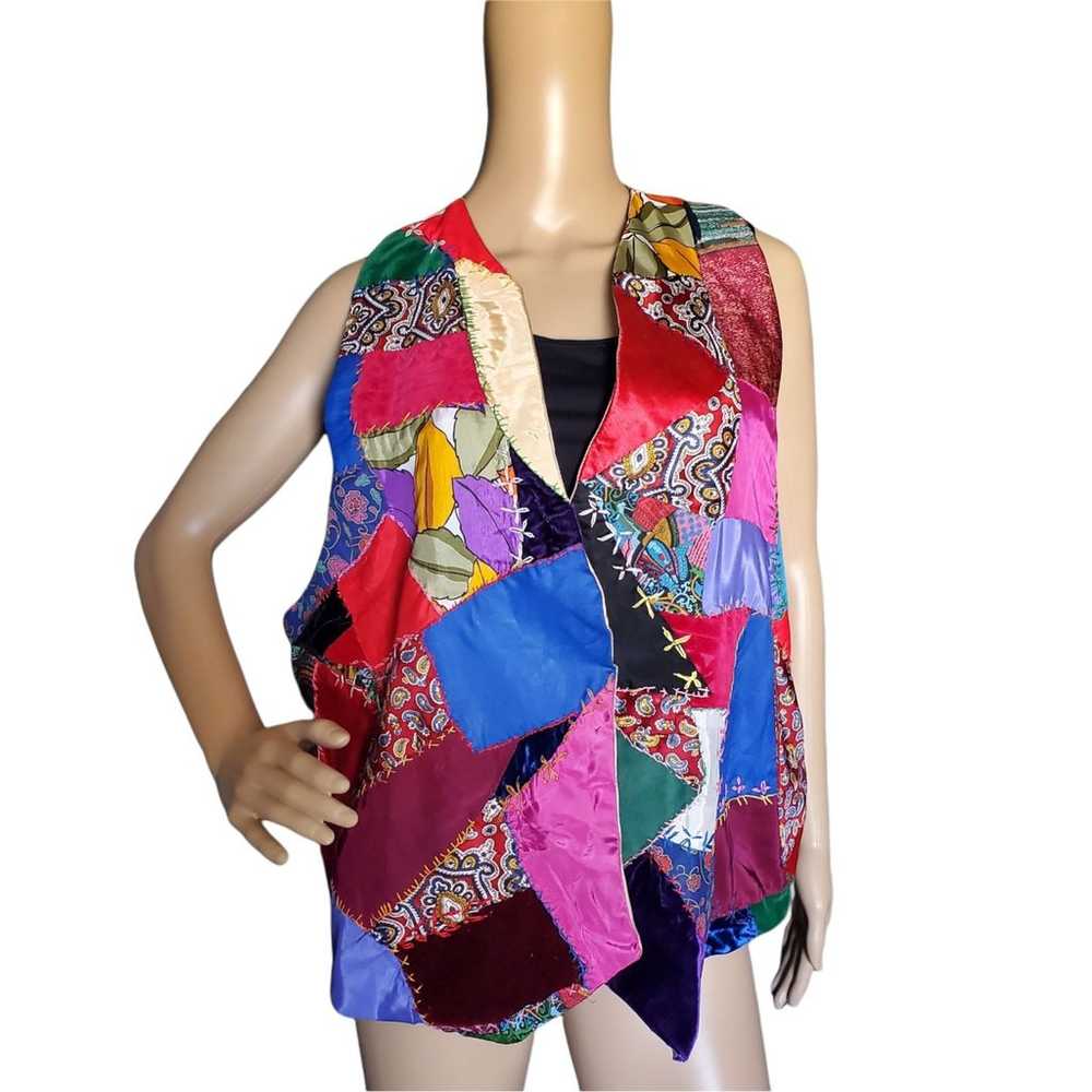 Vintage Handmade Crazy Quilt Patchwork Vest - image 2