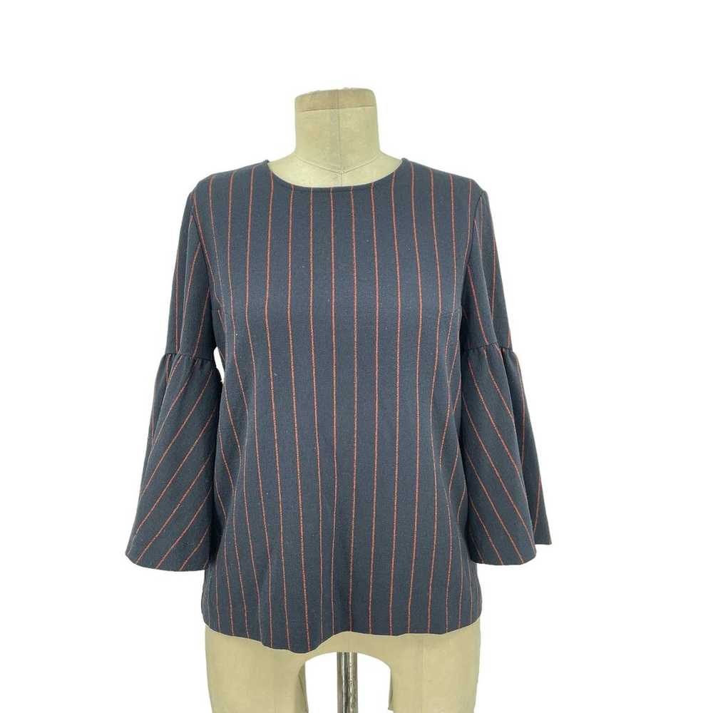 Ganni Clark Bell Sleeve Blouse Navy Blue Red Pins… - image 1