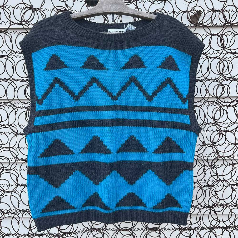 Vintage 80s rrrruss Sleeveless Sweater Chevron Bl… - image 1