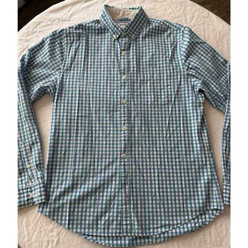 Express Express ButtonUp Shirt Med Teal/Blue/Whit… - image 2