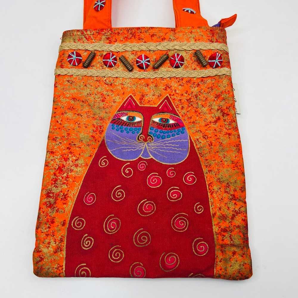 Laurel Burch Orange Painted Canvas Cat Gato Beade… - image 2