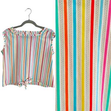 Vintage White Candy Stripe Sleeveless Woven 60s U… - image 1