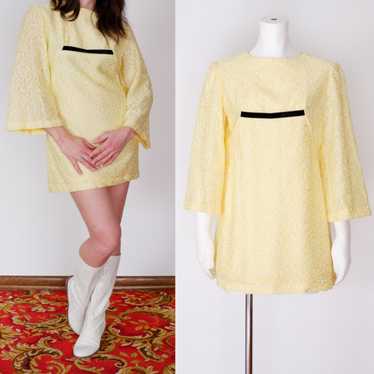 Vintage 1960s Yellow Lace Mini Dress Tunic with B… - image 1