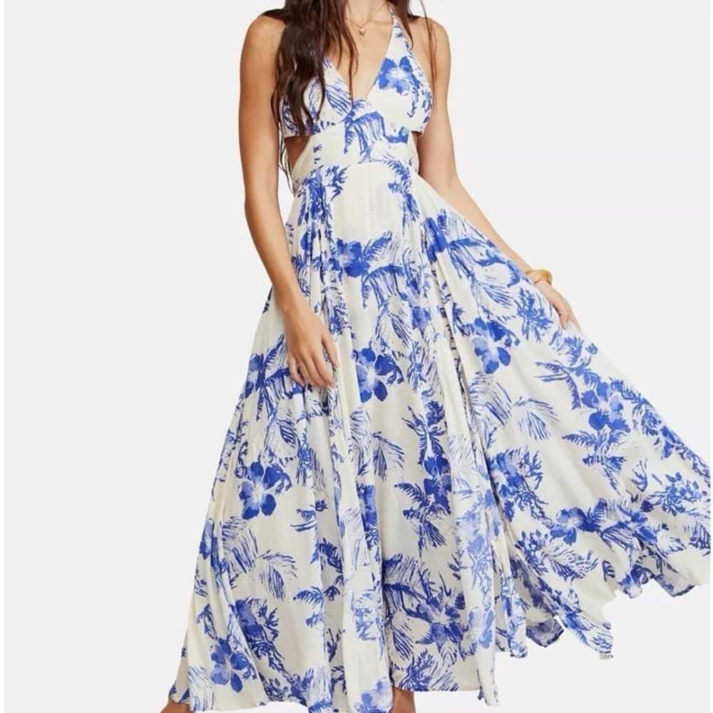 Free people lille blue and white floral tie-back-… - image 1