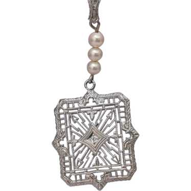 Antique Art Deco 10k White Gold Filigree Diamond … - image 1