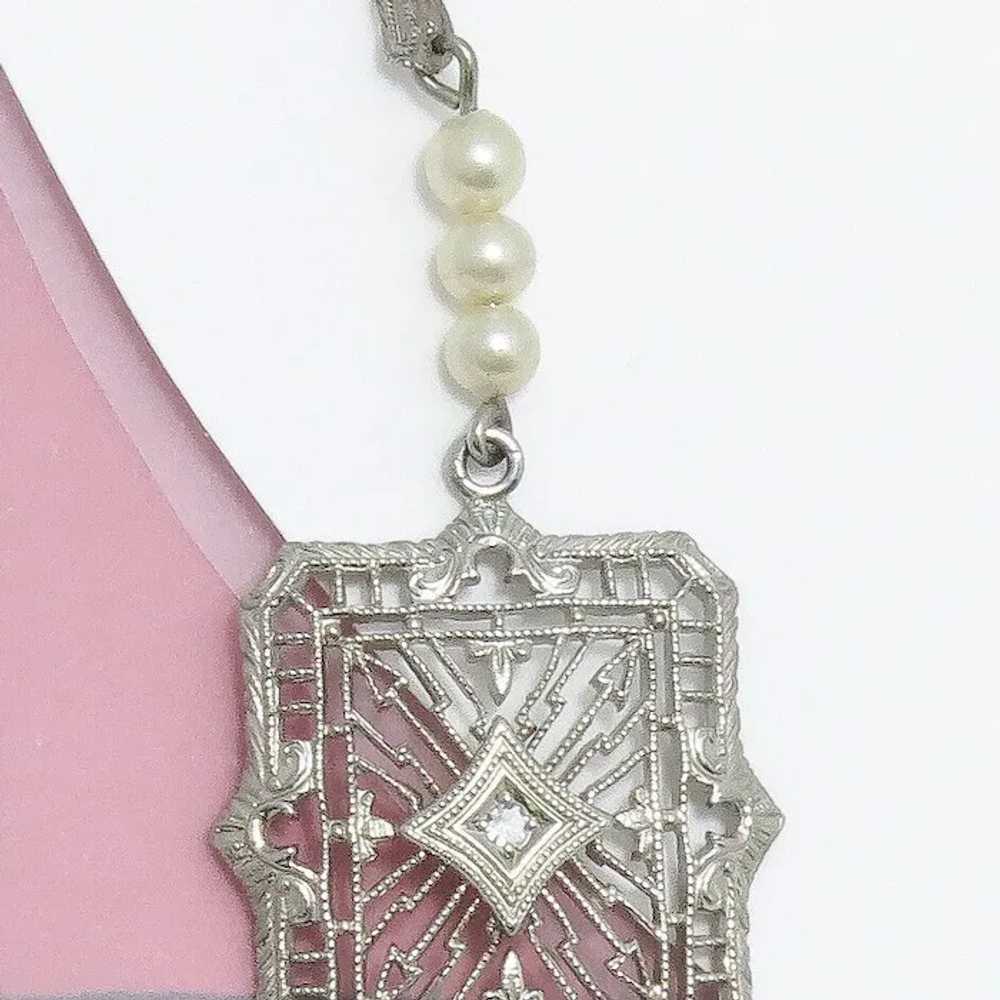 Antique Art Deco 10k White Gold Filigree Diamond … - image 4