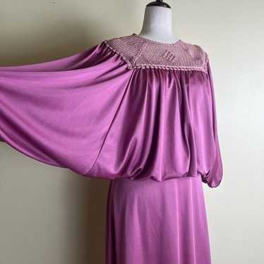 Vintage 70s Flowy Boho Maxi Dress Mauve Pink Croc… - image 1